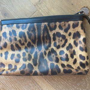 Dolce and Gabbana Raffia Brown Leopard Print Leather Clutch